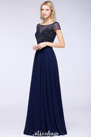 Elegant A-Line Short Sleeve Appliques Beads Bridesmaid Dresses Floor-Length Evening Dress