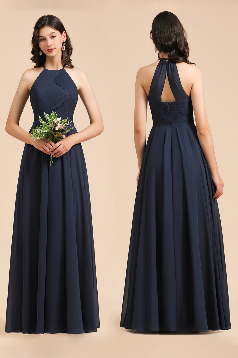 Elegantes vestidos de dama de honor de gasa con encaje, corte en A, sin mangas, escote en V y volantes. 
