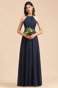 Elegantes vestidos de dama de honor de gasa con encaje, corte en A, sin mangas, escote en V y volantes. 