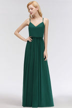 Robe de demoiselle d'honneur élégante en mousseline de soie à fines bretelles et décolleté en V, coupe trapèze, style maxi.