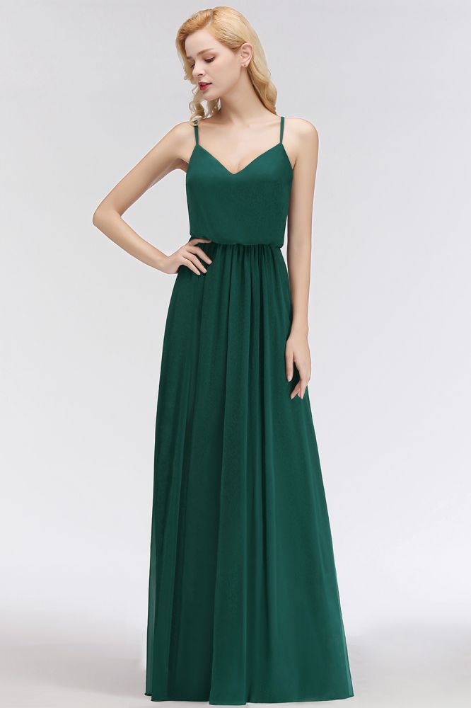 Elegante vestido de dama de honor de corte A, corte maxi, de gasa y tirantes finos. Vestido largo de noche con escote en V.