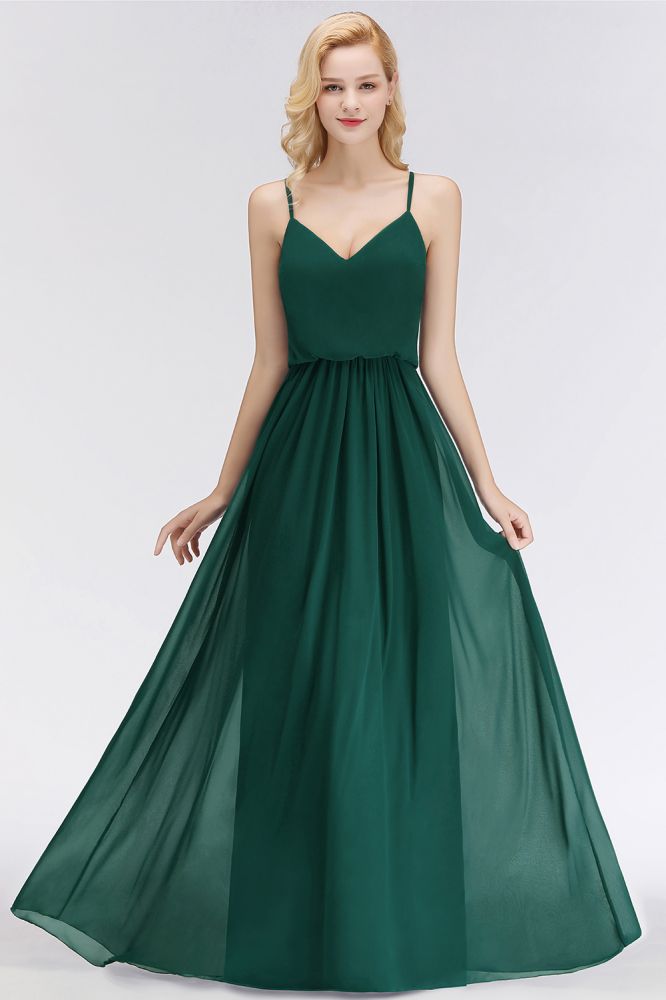 Elegante vestido de dama de honor de corte A, corte maxi, de gasa y tirantes finos. Vestido largo de noche con escote en V.