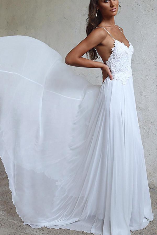 Robe de mariée blanche longue en mousseline, élégante, coupe trapèze, bretelles, modèle WD102