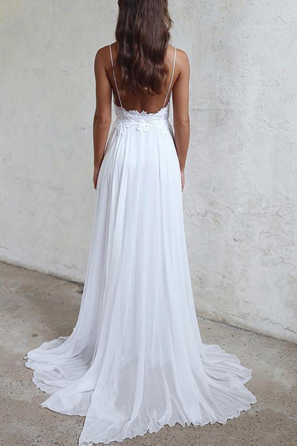 Robe de mariée blanche longue en mousseline, élégante, coupe trapèze, bretelles, modèle WD102
