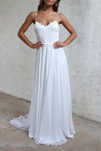 Robe de mariée blanche longue en mousseline, élégante, coupe trapèze, bretelles, modèle WD102
