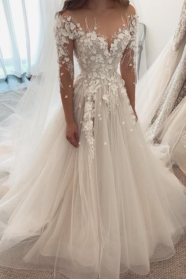Elegante vestido de novia de corte A, escote corazón, manga larga, apliques de encaje y tul