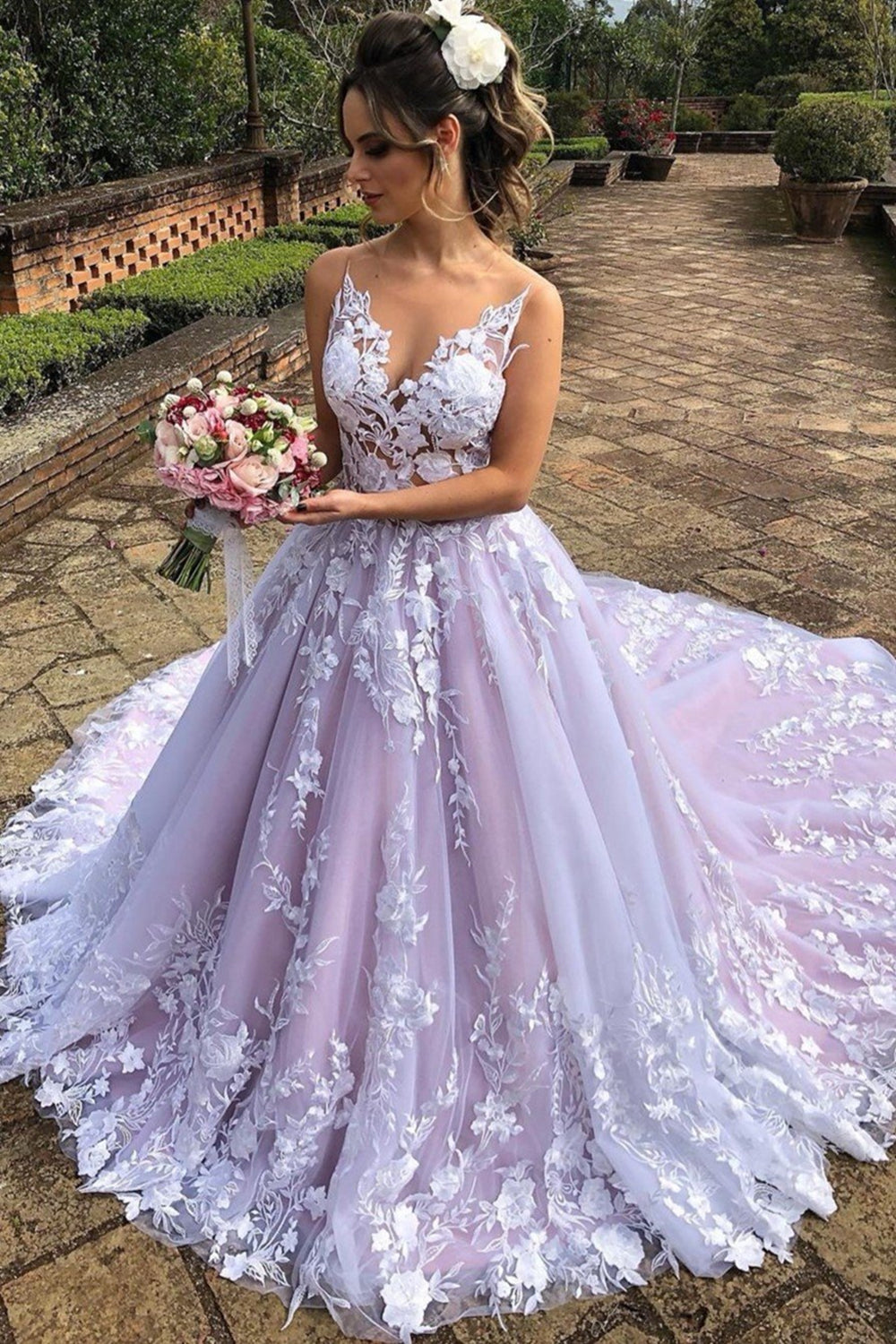 Elegantes vestidos largos de fiesta formales con escote en V, espalda descubierta y corte en A, de encaje.