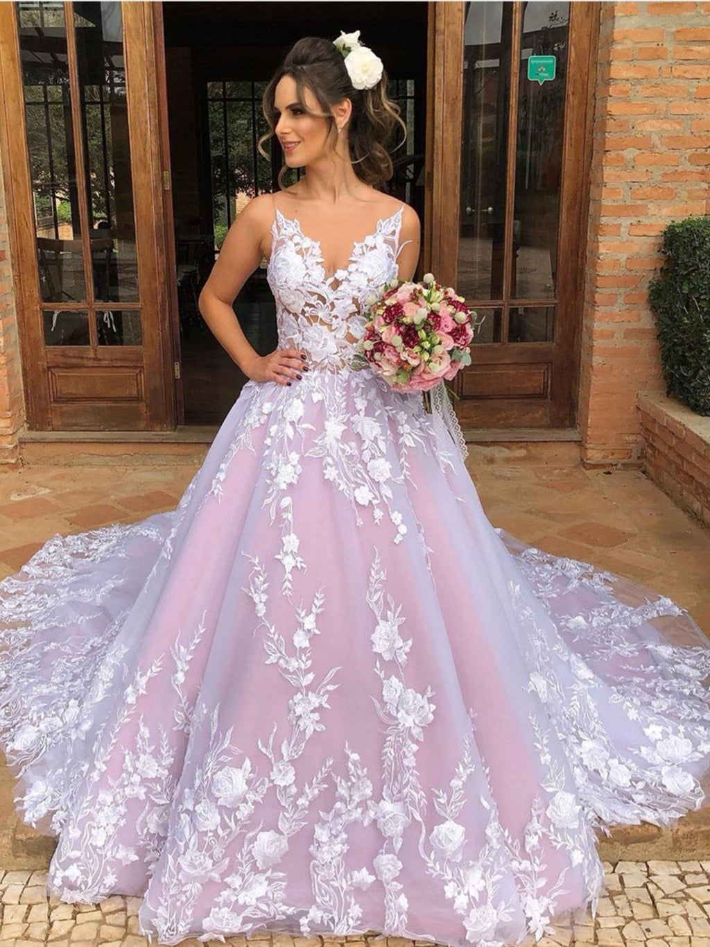 Elegantes vestidos largos de fiesta formales con escote en V, espalda descubierta y corte en A, de encaje.