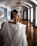 Elegant A-line V-neck Lace Tulle Spaghetti Strap Wedding Dress