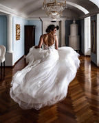 Elegant A-line V-neck Lace Tulle Spaghetti Strap Wedding Dress