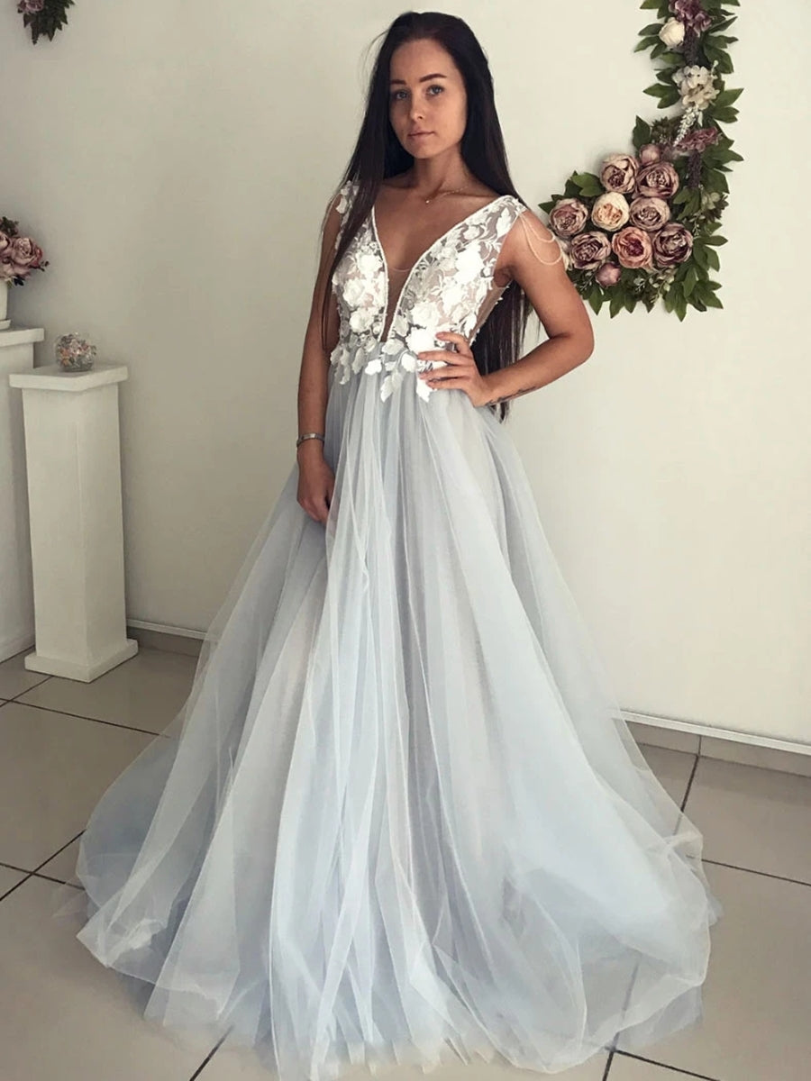 Elegant A-line V Neck Open Back Lace Appliques Long Formal Prom Dresses