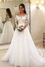 Robes de mariée élégantes de coupe trapèze avec manches, robes de mariée en dentelle