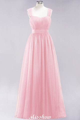 Elegante vestido largo de noche de tul sin mangas, corte A, color burdeos, con tirantes, ideal para damas de honor.