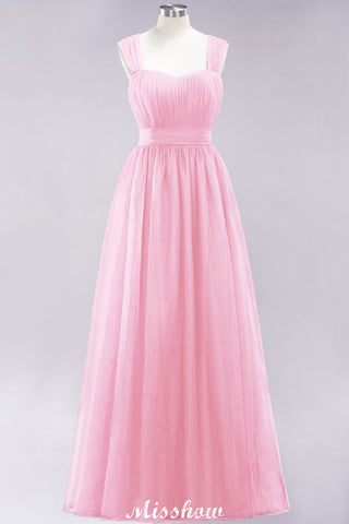 Elegante vestido largo de noche de tul sin mangas, corte A, color burdeos, con tirantes, ideal para damas de honor.