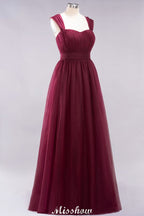 Robe de soirée longue élégante en tulle sans manches, coupe trapèze, bretelles bordeaux, robe de demoiselle d'honneur
