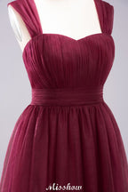 Robe de soirée longue élégante en tulle sans manches, coupe trapèze, bretelles bordeaux, robe de demoiselle d'honneur