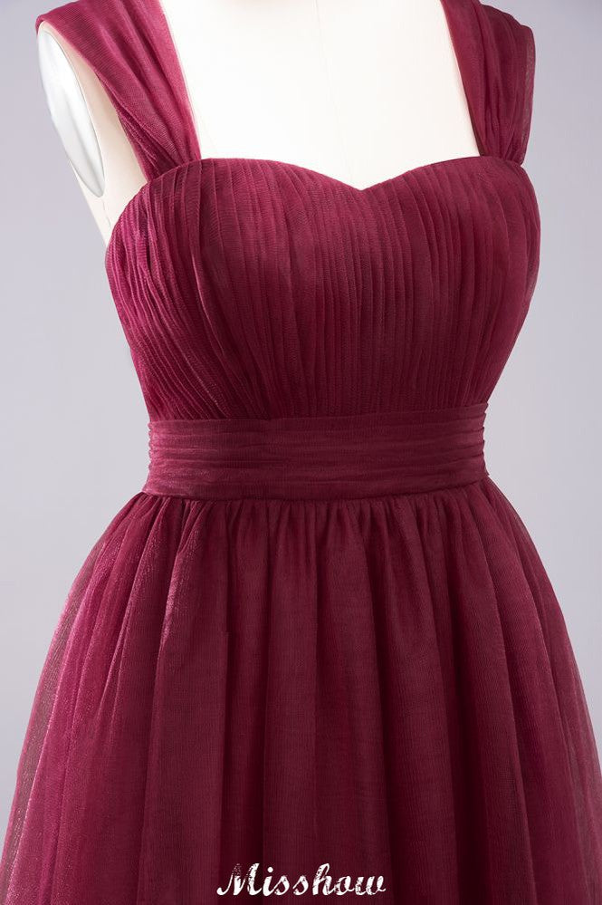 Robe de soirée longue élégante en tulle sans manches, coupe trapèze, bretelles bordeaux, robe de demoiselle d'honneur