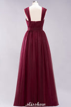 Robe de soirée longue élégante en tulle sans manches, coupe trapèze, bretelles bordeaux, robe de demoiselle d'honneur