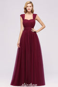 Robe de soirée longue élégante en tulle sans manches, coupe trapèze, bretelles bordeaux, robe de demoiselle d'honneur