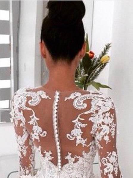 Elegante vestido de novia largo de encaje estilo princesa con mangas largas ilusión WD280