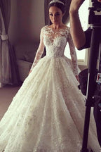 Elegante vestido de novia largo de encaje estilo princesa con mangas largas ilusión WD280