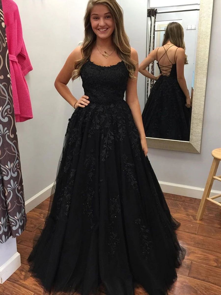 Élégantes robes de soirée longues en tulle et dentelle noire, coupe trapèze, dos nu, style bal formel