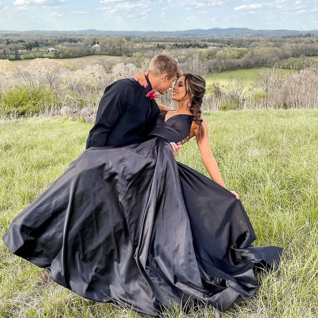 Élégantes robes de bal longues noires à col en V et coupe trapèze, avec poches