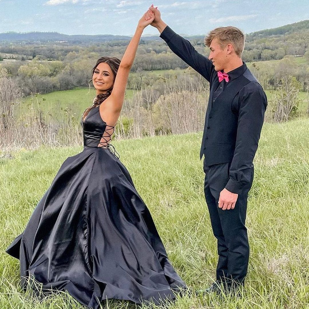 Élégantes robes de bal longues noires à col en V et coupe trapèze, avec poches