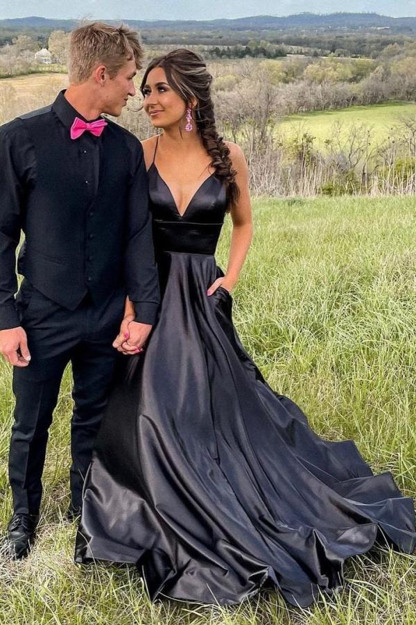 Élégantes robes de bal longues noires à col en V et coupe trapèze, avec poches