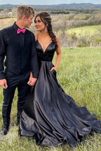 Élégantes robes de bal longues noires à col en V et coupe trapèze, avec poches