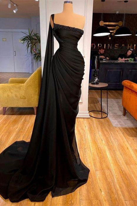 Robe de bal sirène noire élégante avec perles fendues