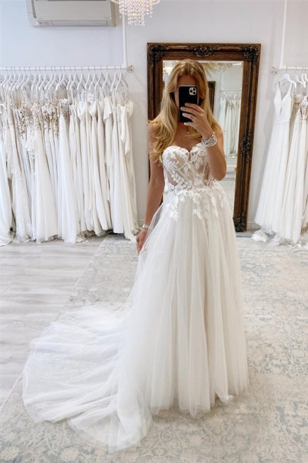 Élégantes robes de mariée bohèmes longues blanches en tulle et dentelle sans manches, coupe trapèze