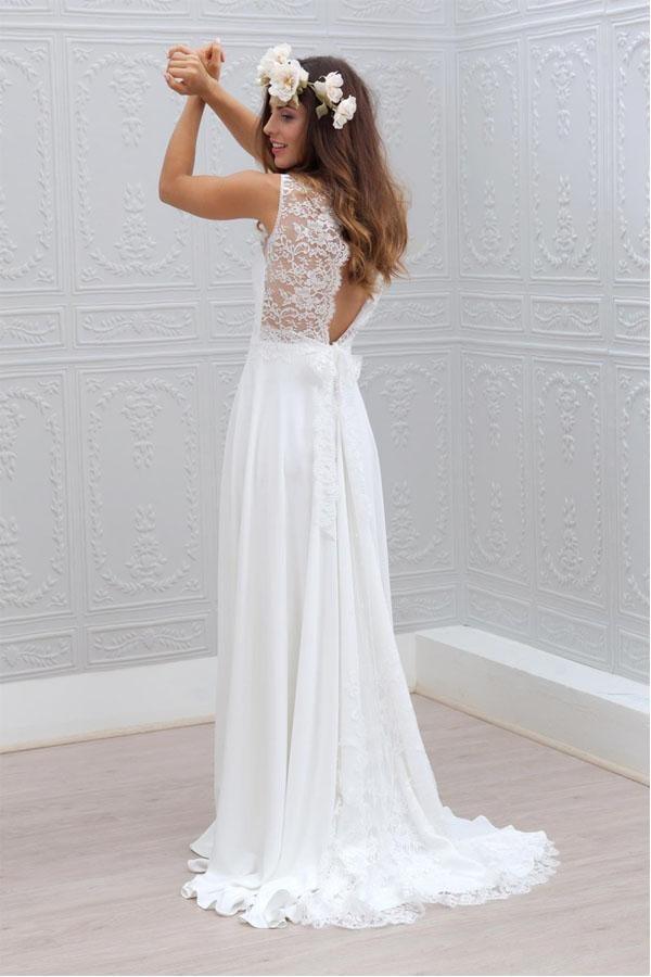 Robe de mariée blanche élégante en mousseline, col en V, dentelle, sans manches, ornée d'un nœud papillon (WD121)