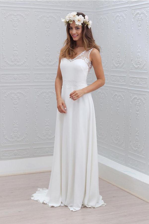 Robe de mariée blanche élégante en mousseline, col en V, dentelle, sans manches, ornée d'un nœud papillon (WD121)