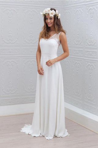 Elegante vestido de novia blanco sin mangas con escote en V, encaje y lazo, de gasa, WD121