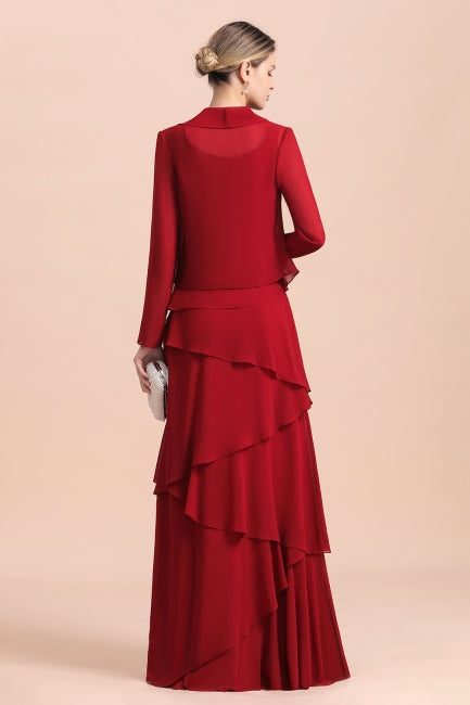 Robe élégante en mousseline bordeaux à volants pour la mère de la mariée, avec veste.