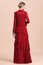 Robe élégante en mousseline bordeaux à volants pour la mère de la mariée, avec veste.