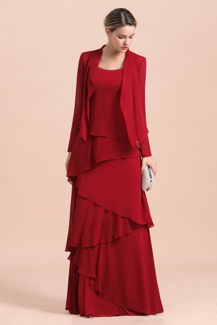 Robe élégante en mousseline bordeaux à volants pour la mère de la mariée, avec veste.
