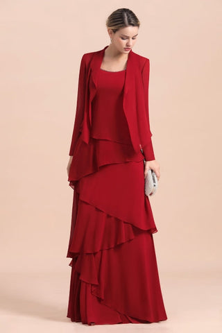 Elegant Burgundy Chiffon Mother of the Bride Dress Ruffles With Jacket