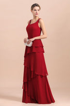 Robe élégante en mousseline bordeaux à volants pour la mère de la mariée, avec veste.