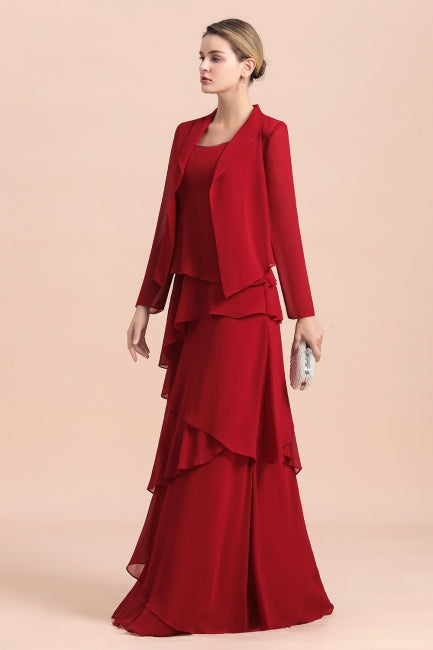 Robe élégante en mousseline bordeaux à volants pour la mère de la mariée, avec veste.