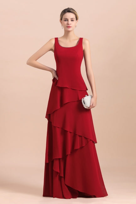 Robe élégante en mousseline bordeaux à volants pour la mère de la mariée, avec veste.