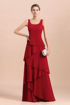Robe élégante en mousseline bordeaux à volants pour la mère de la mariée, avec veste.