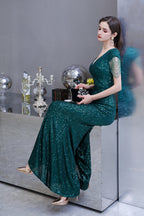 Robe de bal longue élégante à sequins verts à manches courtes