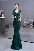Robe de bal longue élégante à sequins verts à manches courtes