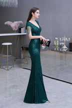 Robe de bal longue élégante à sequins verts à manches courtes