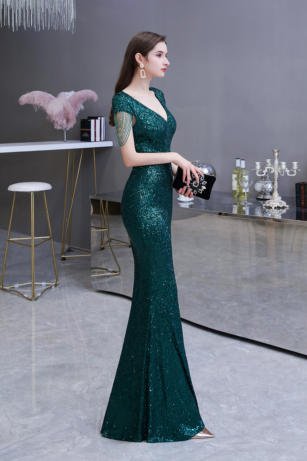 Robe de bal longue élégante à sequins verts à manches courtes