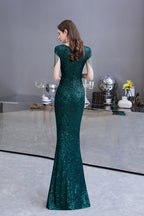 Robe de bal longue élégante à sequins verts à manches courtes
