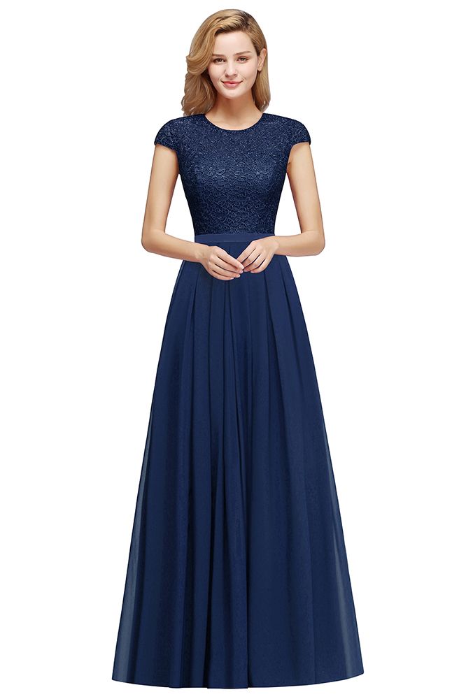 Robe de soirée trapèze élégante à manches courtes et coupe trapèze, bleu marine, longue robe de soirée