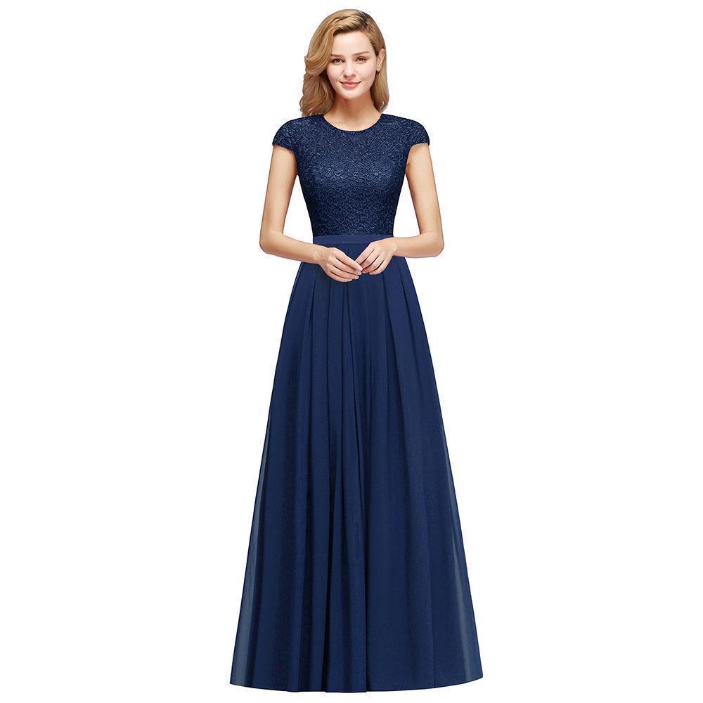 Robe de soirée trapèze élégante à manches courtes et coupe trapèze, bleu marine, longue robe de soirée